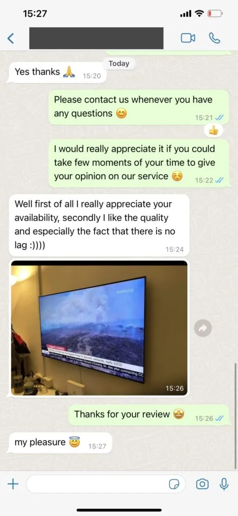 Conversación de soporte IPTV Fiesta por WhatsApp 2